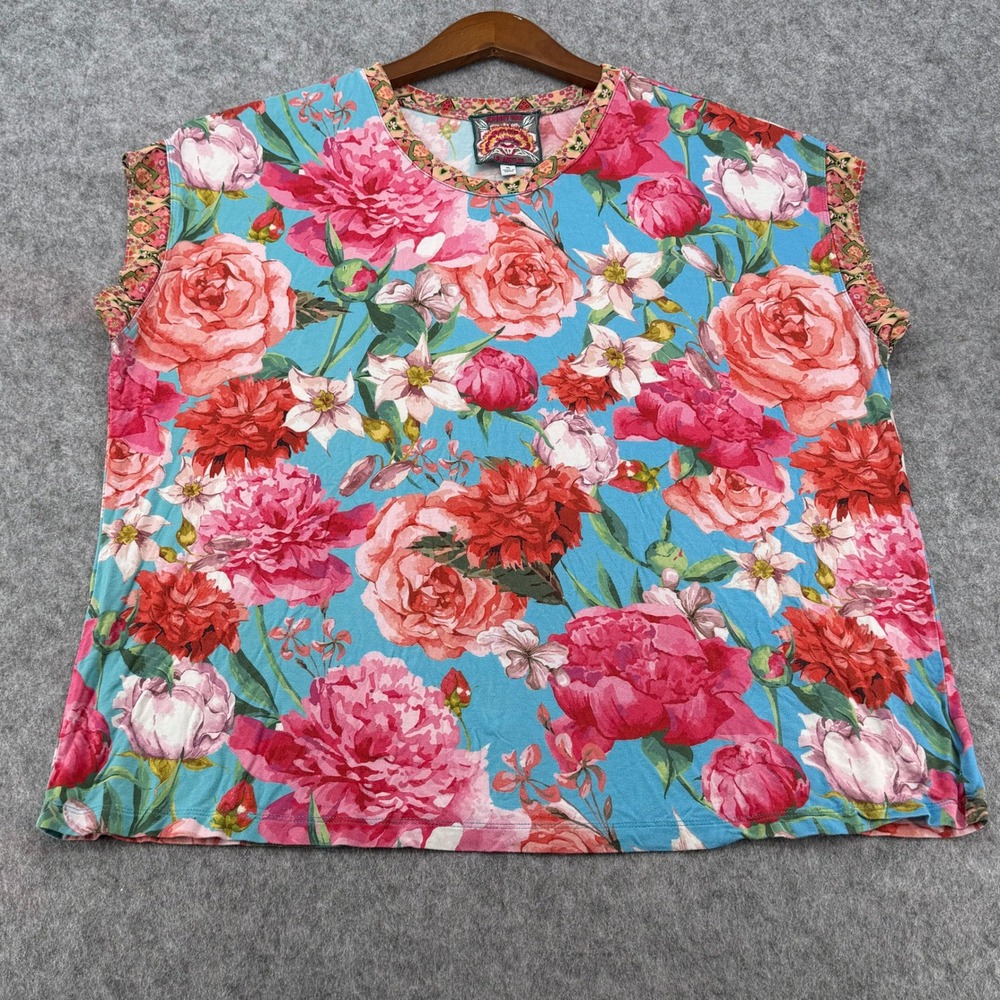 Johnny Was Floral Peony Bamboo Knit Top Blue Pink XL T11123-1